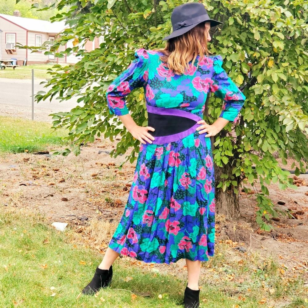 Vintage 80s Floral Color Block Midi Dress